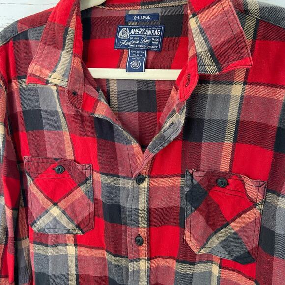American Rag XL Mens Red Plaid Button Up Long Sleeve Flannel Top - Picture 3 of 5